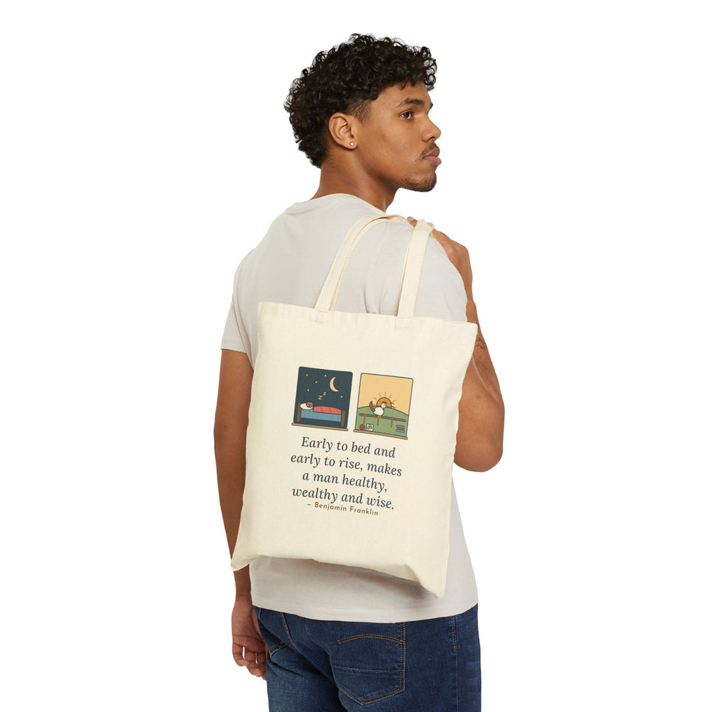 Early to Bed and Early to Rise Tote Bag, Early Riser Franklin Wisdom Quote Tote with Moon and Rooster