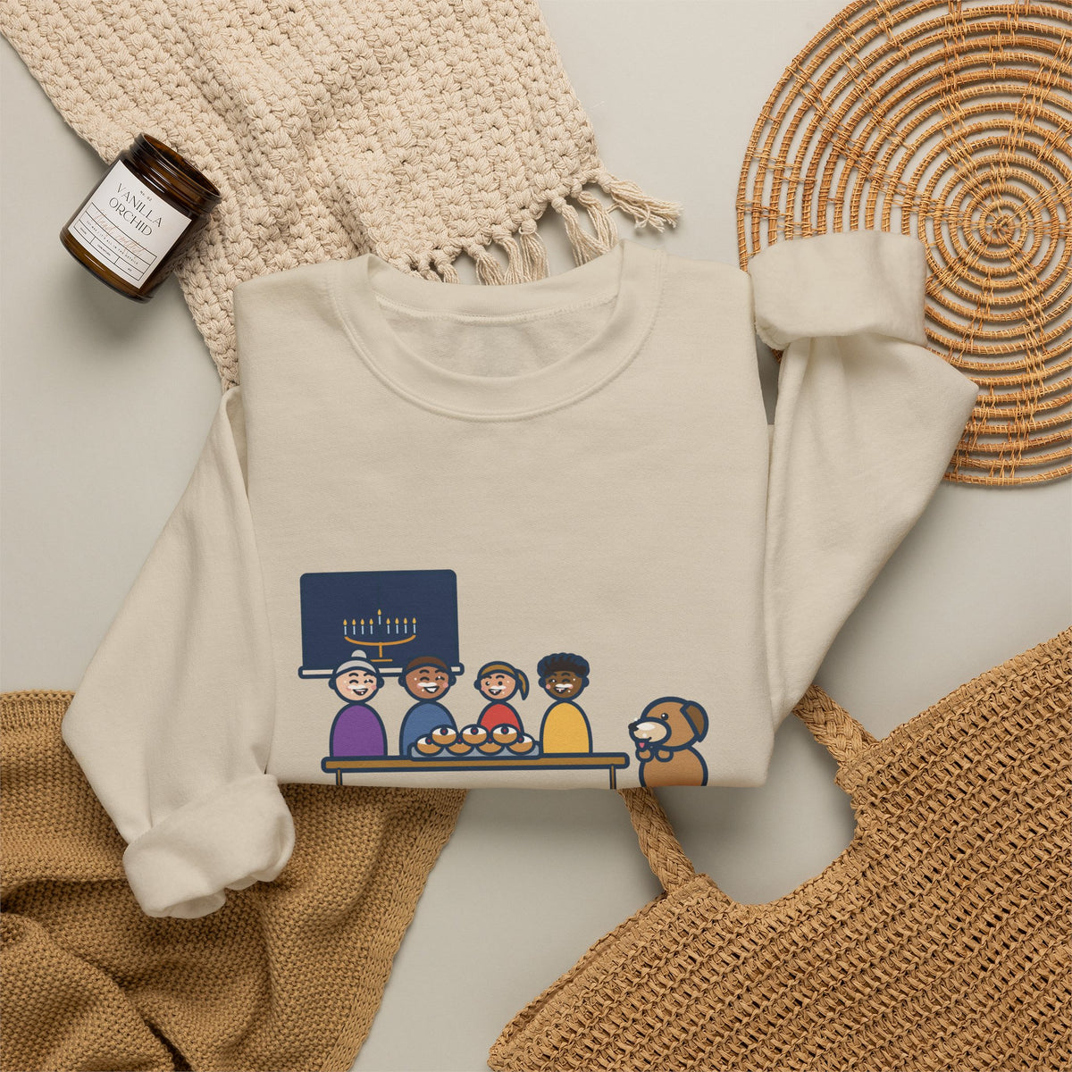 Hanukkah Sweatshirt, One Tray of Jelly Doughnuts, Powdered Sugar on Every Face, the Dog's Too, Funny Sugar Mustaches Crewneck