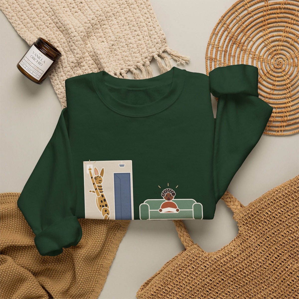 Serengeti Cat Crewneck Sweatshirt - Long-Legged Spotted Cat at the Light Switch