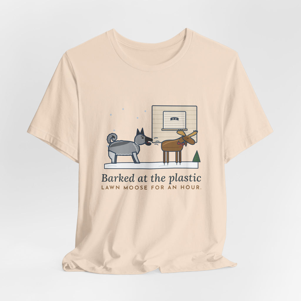 Norwegian Elkhound T-Shirt - Barked at the Plastic Lawn Moose for an Hour, Winter Dog Tee