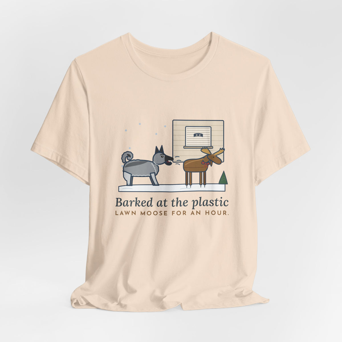 Norwegian Elkhound T-Shirt - Barked at the Plastic Lawn Moose for an Hour, Winter Dog Tee