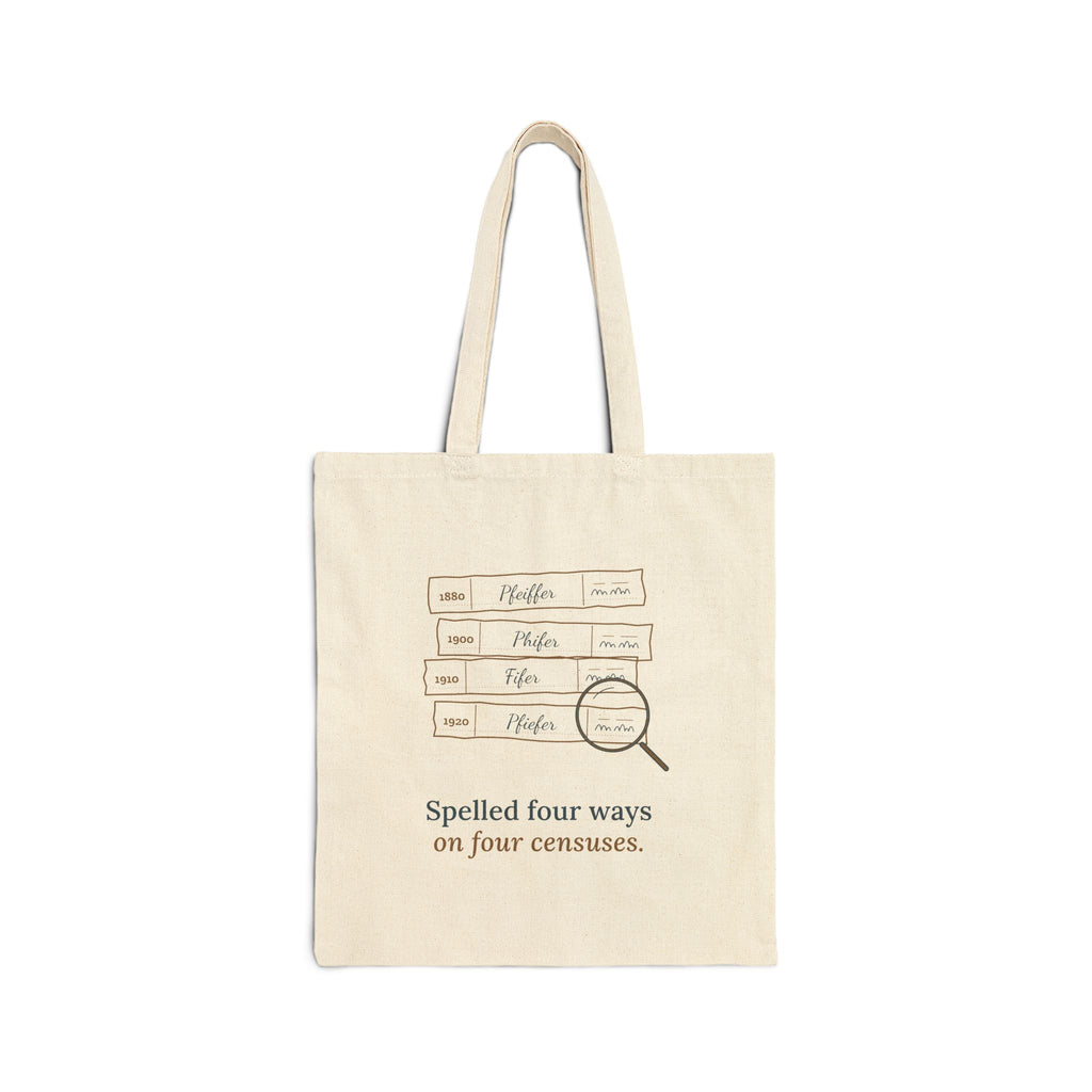 Genealogy Tote Bag - Spelled Four Ways on Four Censuses Research Tote