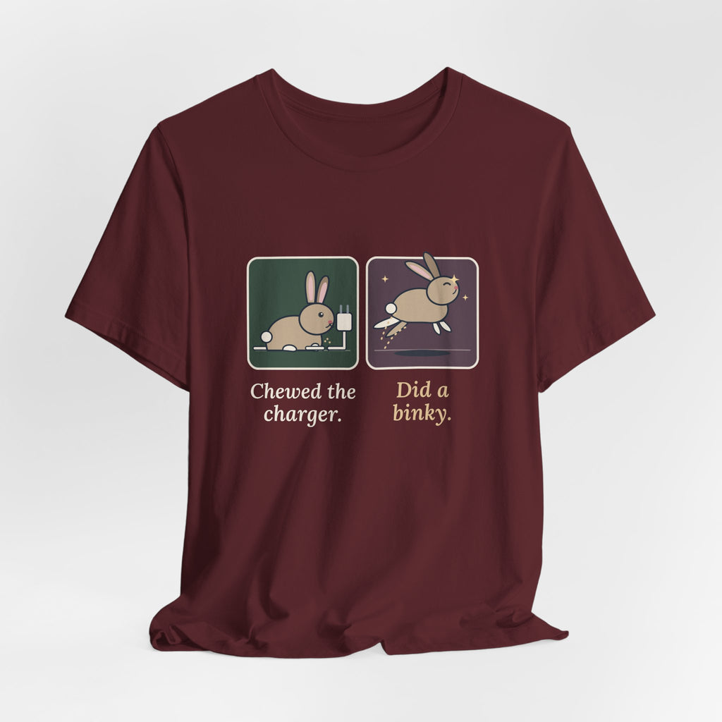 Pet Rabbits T-Shirt - Chewed the Charger. Did a Binky. Funny Bunny Owner Tee