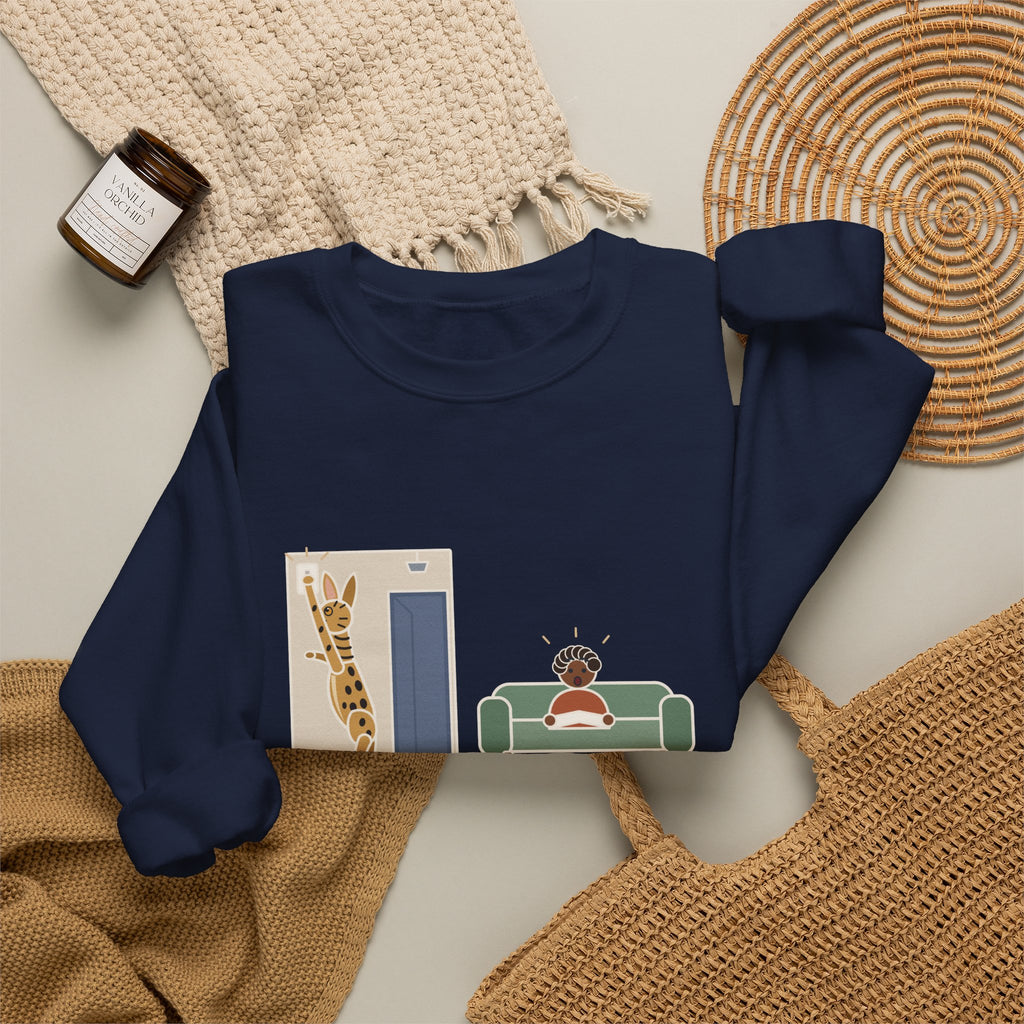 Serengeti Cat Crewneck Sweatshirt - Long-Legged Spotted Cat at the Light Switch