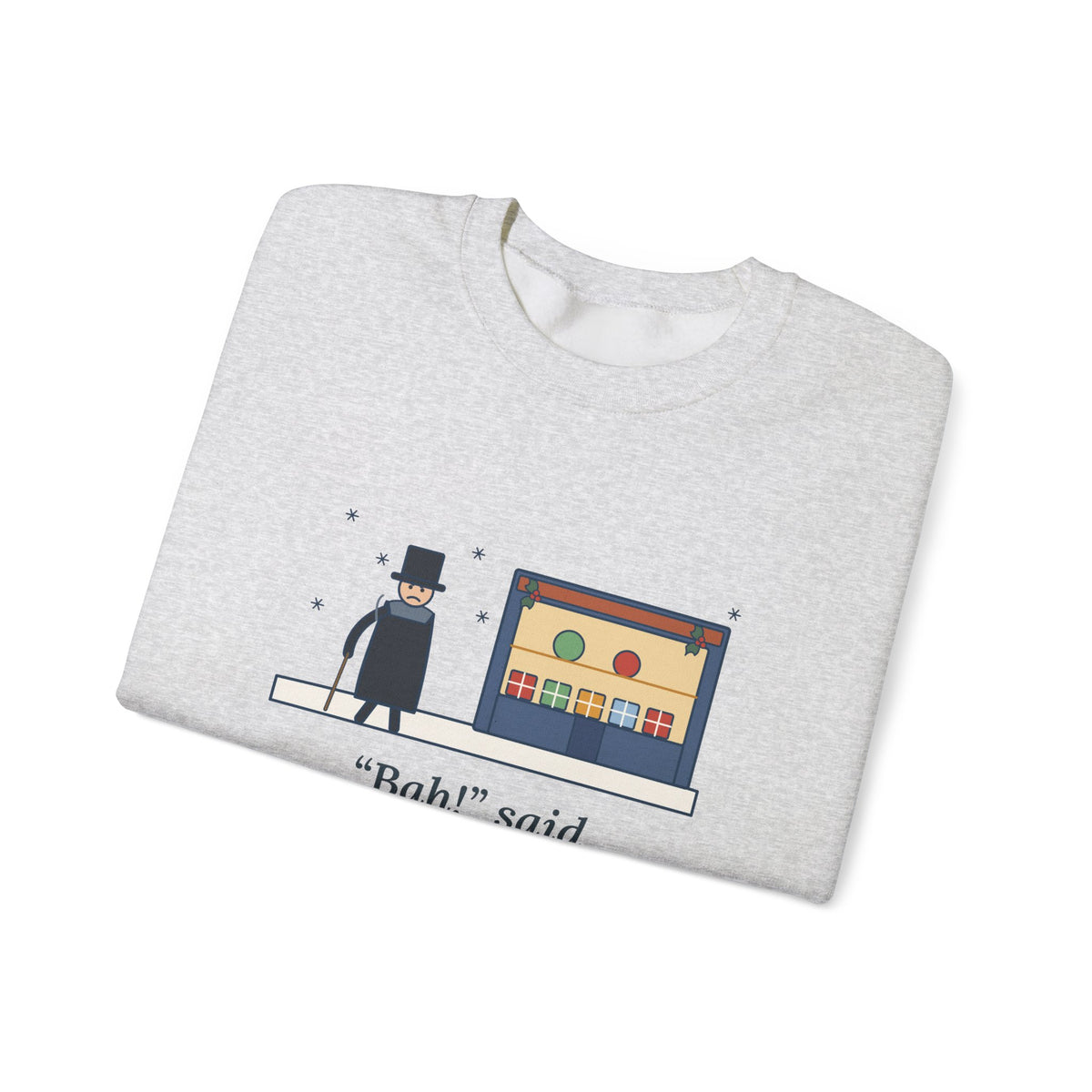 Bah Humbug Sweatshirt, Christmas Dickens Quote Crewneck with Snowy Shop Window