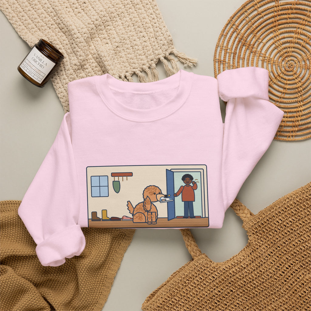 Cockapoo Sweatshirt, Brings One Shoe to Every Guest at the Door, Never the Pair, Funny Front Door Greeting Crewneck