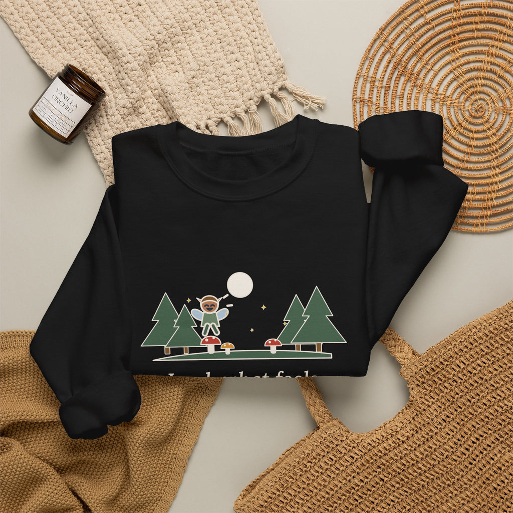 Lord, What Fools These Mortals Be Sweatshirt, Whimsical Shakespeare Humor Quote Crewneck with Mushroom Sprite