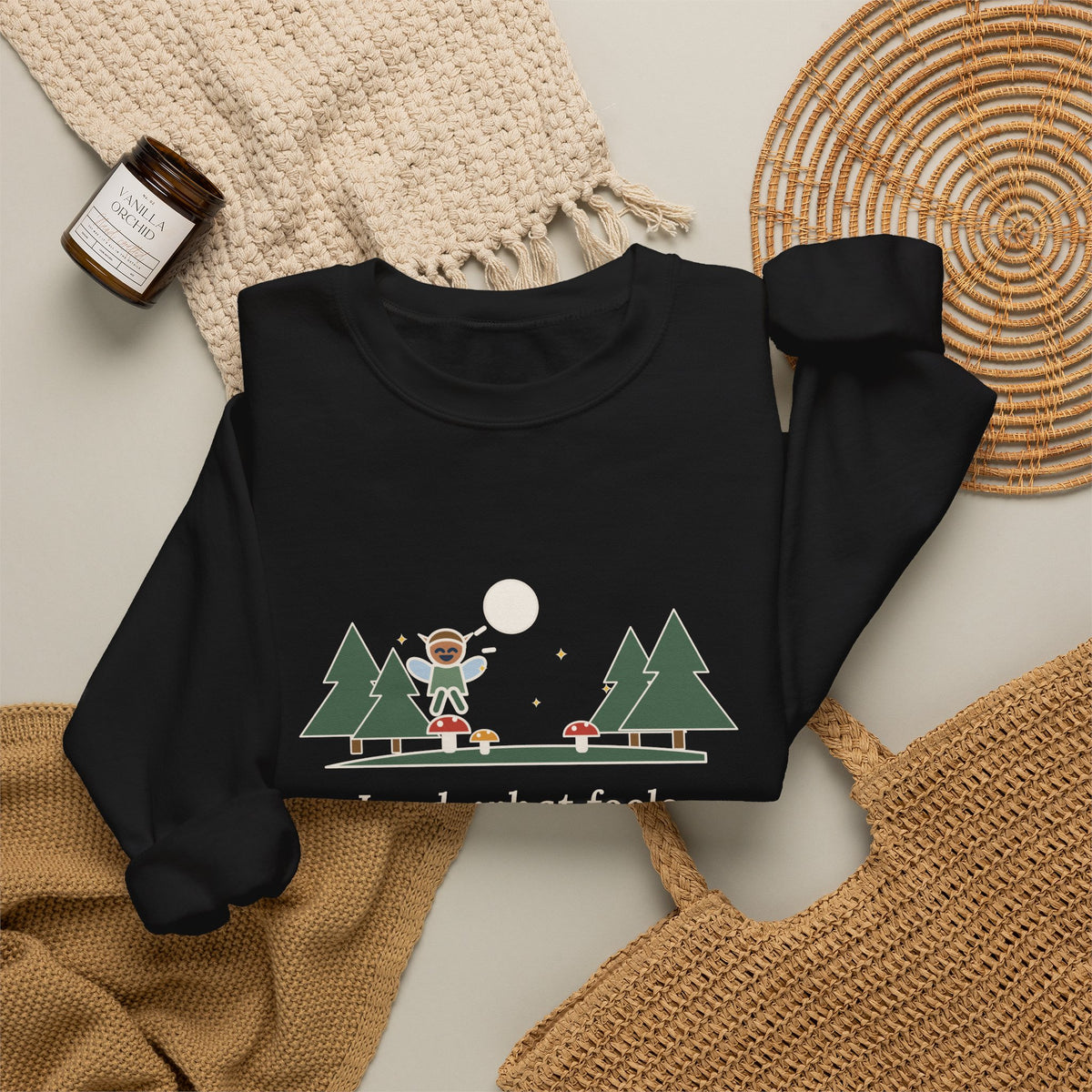 Lord, What Fools These Mortals Be Sweatshirt, Whimsical Shakespeare Humor Quote Crewneck with Mushroom Sprite