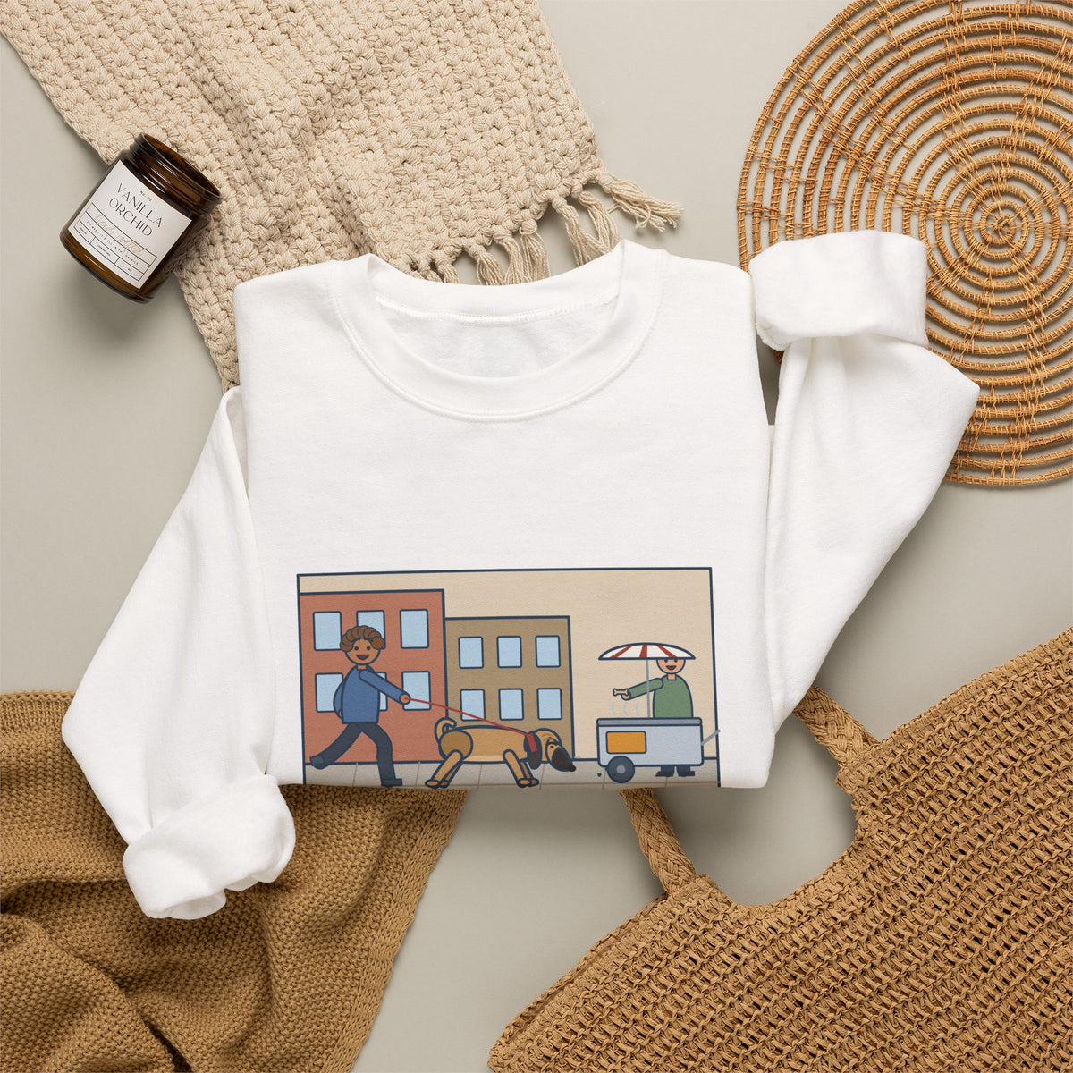 Puggle Sweatshirt, Caught a Scent on the Walk, We Followed It Four Blocks to a Hot Dog Cart, Funny City Walk Crewneck