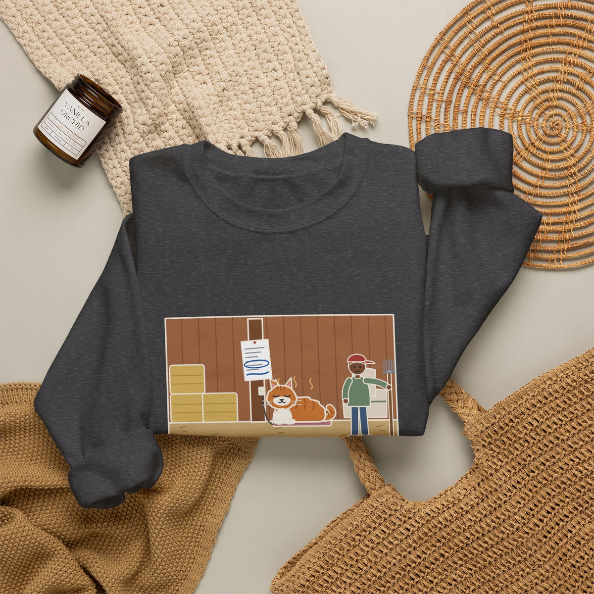 Barn Cat Sweatshirt, Showed Up in May, Now He Has a Heated Bed and His Name on the Feed Bill, Funny Barn Corner Crewneck