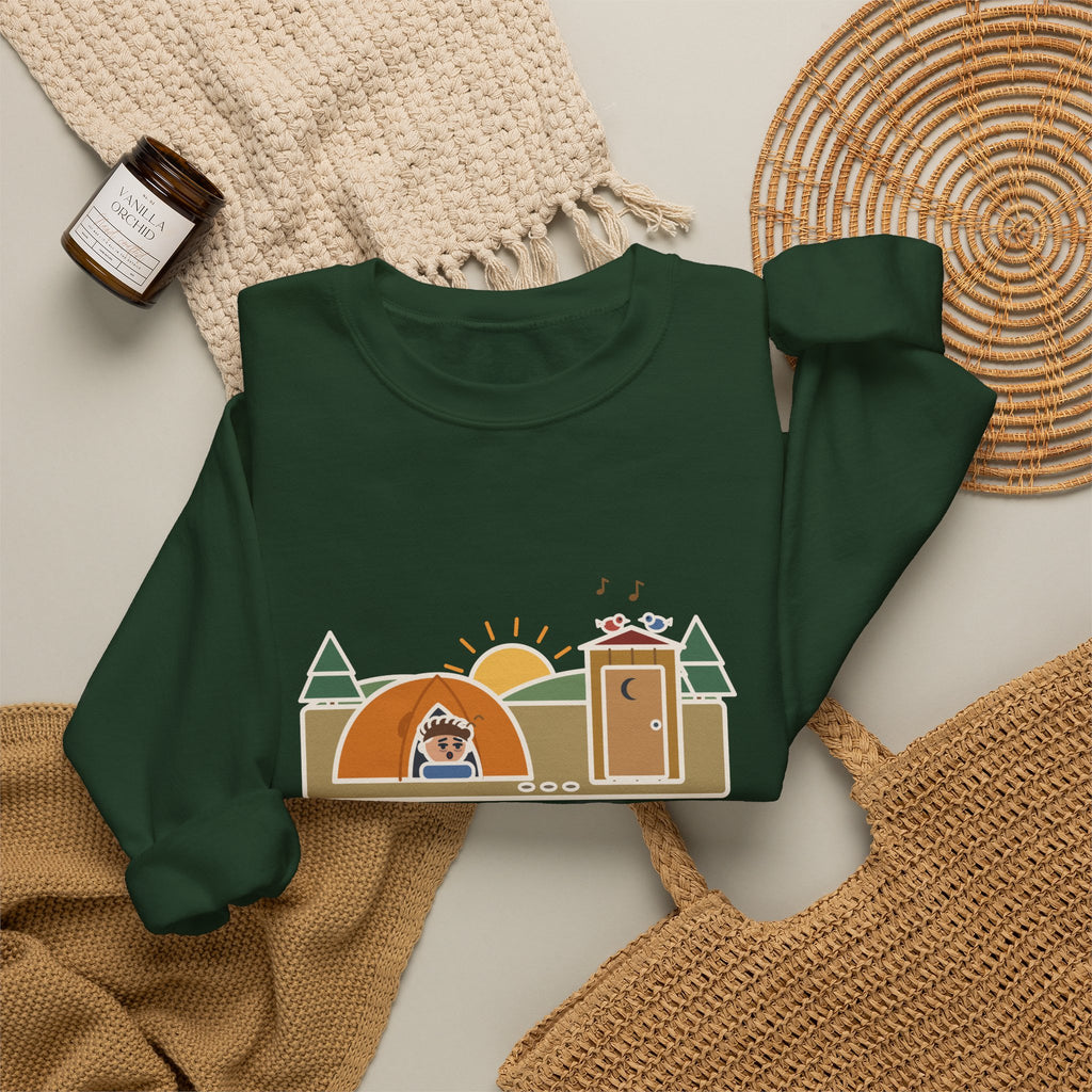 Pitched the Tent in the Dark Sweatshirt, Funny Camping Crewneck with Outhouse View