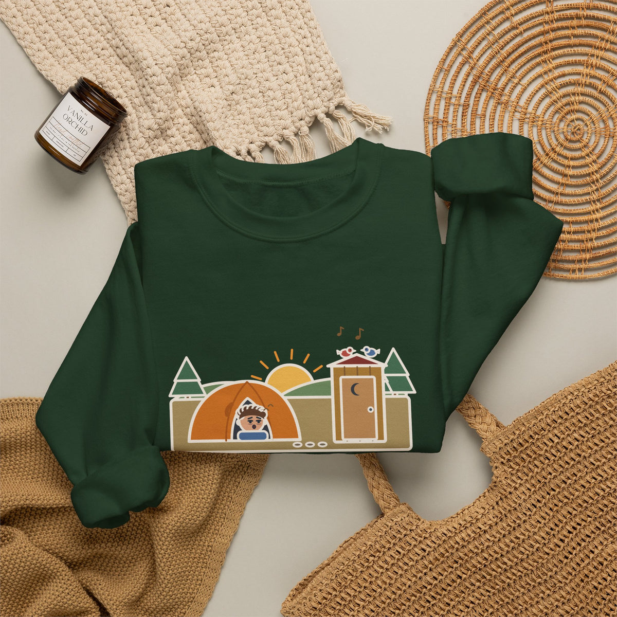 Pitched the Tent in the Dark Sweatshirt, Funny Camping Crewneck with Outhouse View