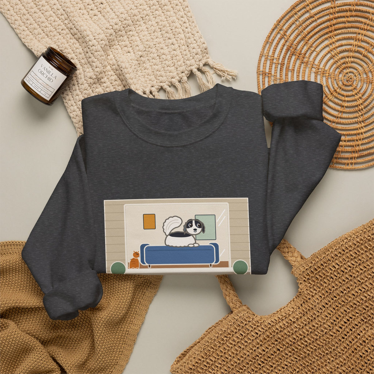 Japanese Chin Sweatshirt, Perched on the Back of the Couch Like a Cat, Watching the Street, Funny Window Lookout Crewneck