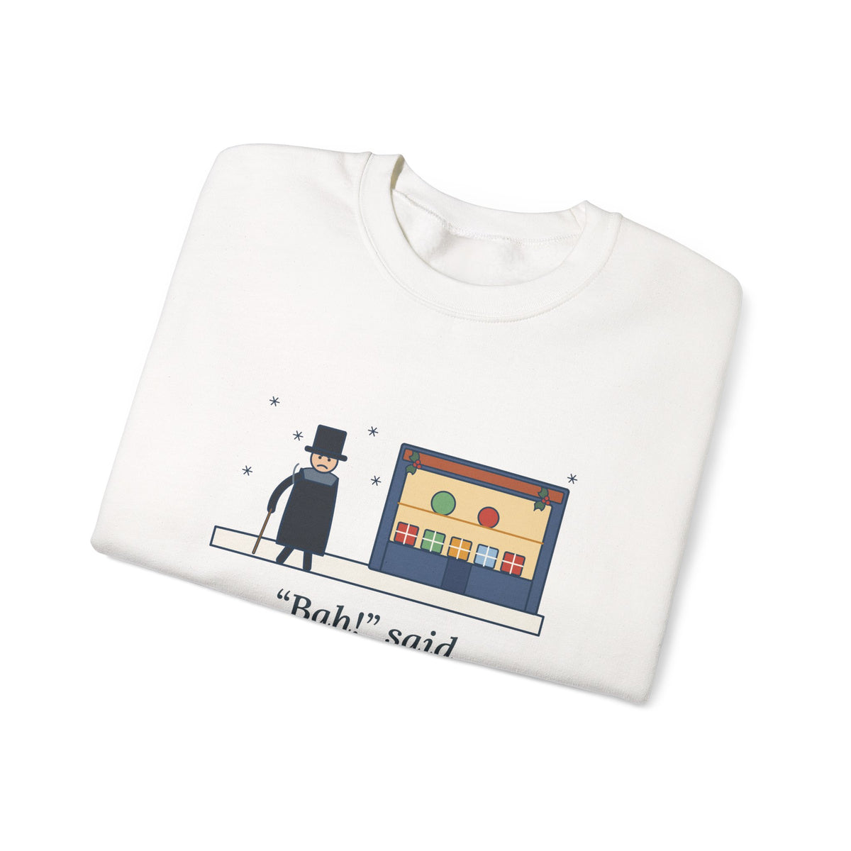Bah Humbug Sweatshirt, Christmas Dickens Quote Crewneck with Snowy Shop Window