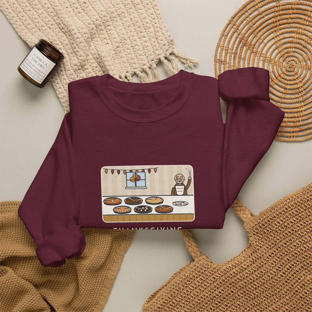 Thanksgiving Sweatshirt, Nine People, Six Pies, Grandpa Tried a Sliver of Every One Twice, Funny Pie Table Crewneck