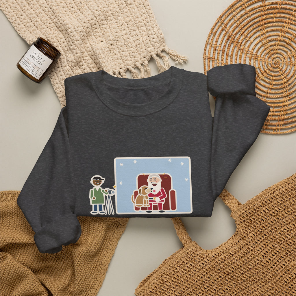 Holiday Photo Sweatshirt, Took the Dog for Photos with the Man in the Red Suit, He Licked the Beard, Funny Photo Set Crewneck