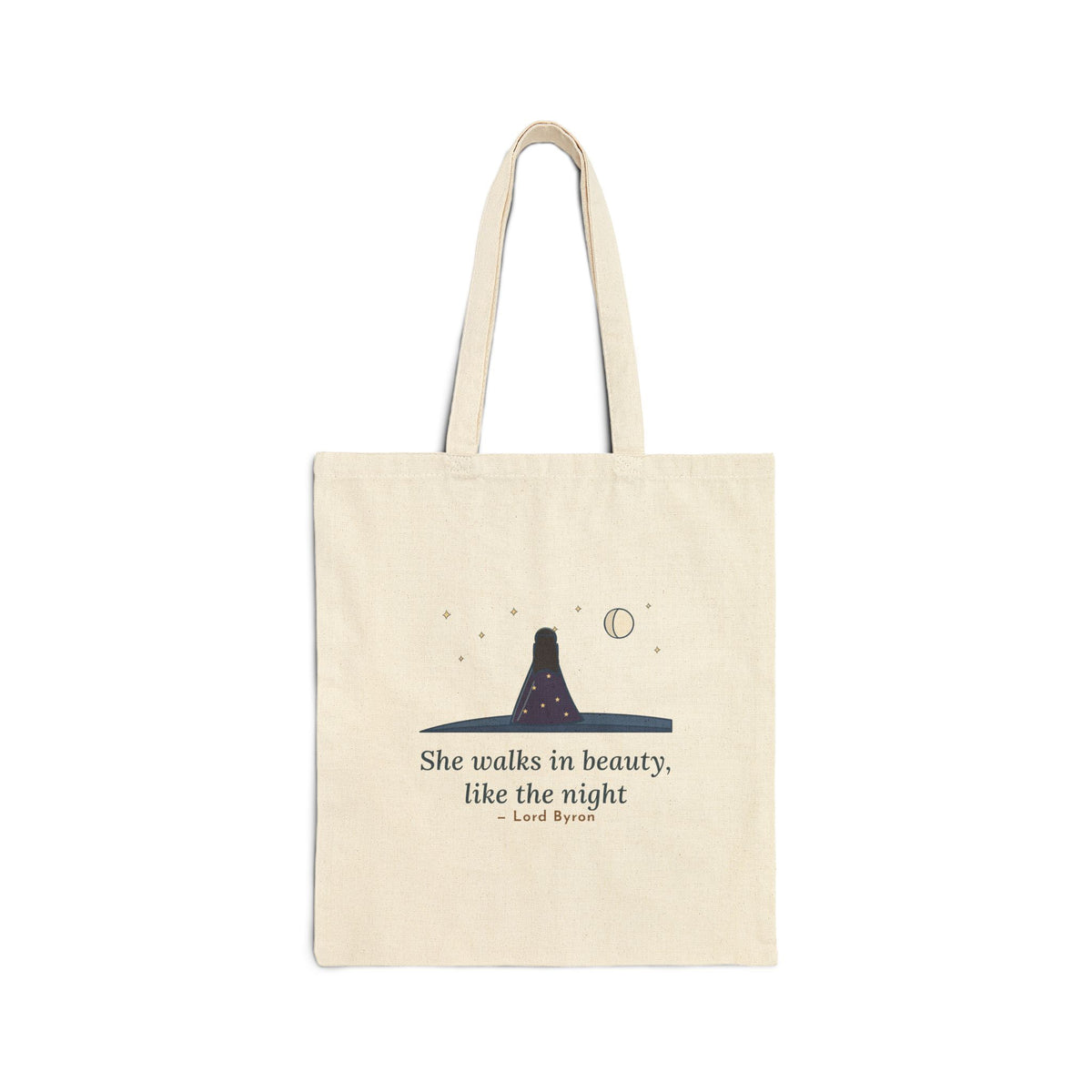 She Walks in Beauty, Like the Night Tote Bag, Romantic Lord Byron Love Quote Tote with Starry Gown