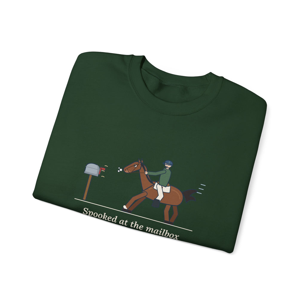 Horse Riders Crewneck Sweatshirt - Spooked at the Mailbox He Passes Daily