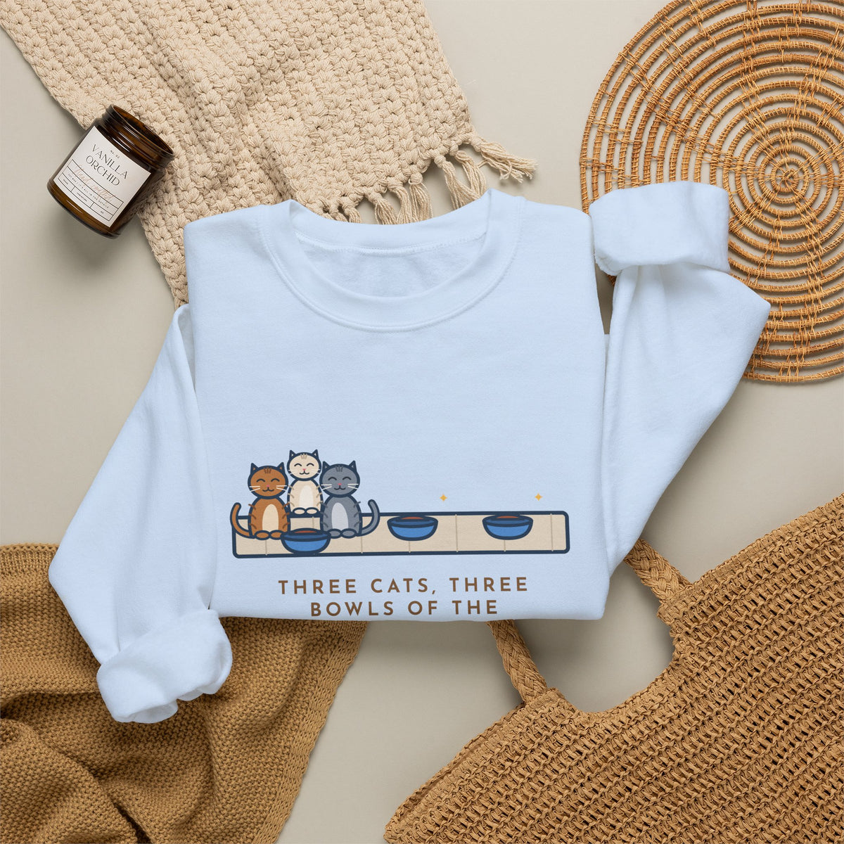 Three Cats Sweatshirt, Three Bowls of the Same Food, Every Cat Wants the One on the Left, Funny Kitchen Floor Crewneck