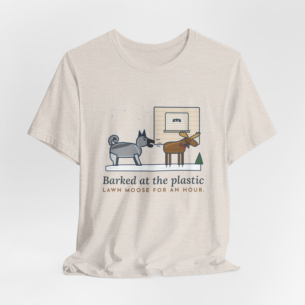 Norwegian Elkhound T-Shirt - Barked at the Plastic Lawn Moose for an Hour, Winter Dog Tee