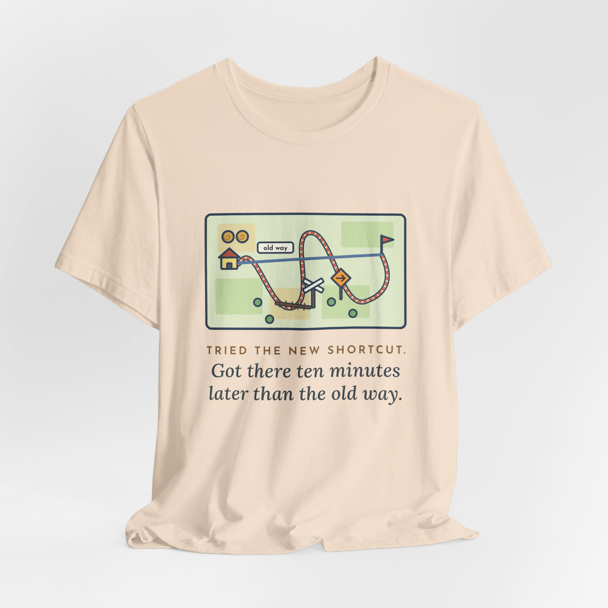 Funny Shortcut T-Shirt, Tried the New One, Got There Ten Minutes Later Than the Old Way, Hand-Drawn Route Tee