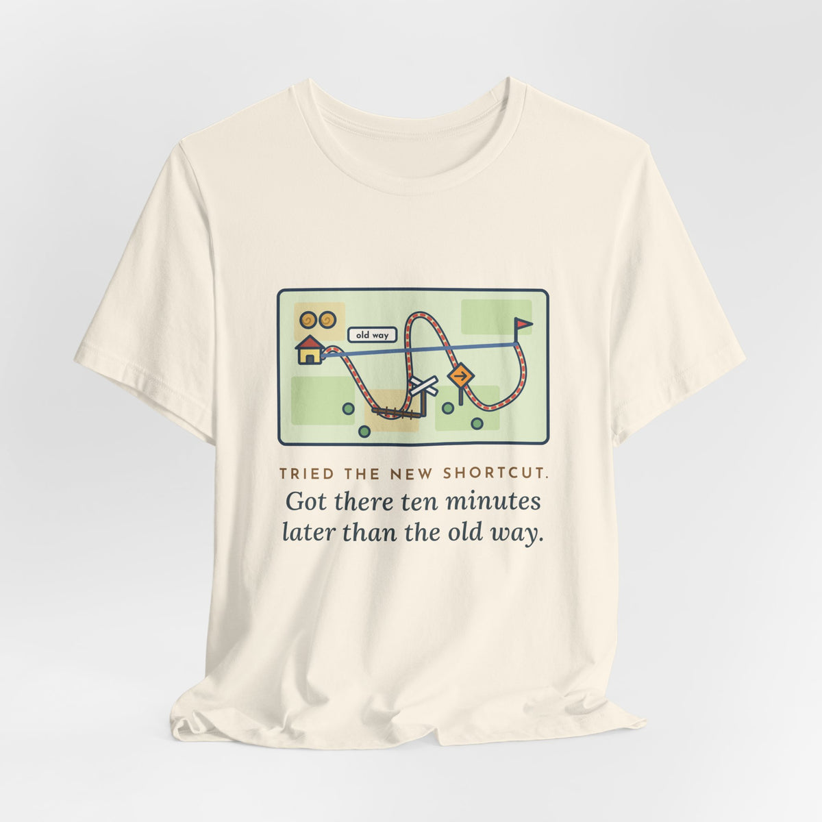 Funny Shortcut T-Shirt, Tried the New One, Got There Ten Minutes Later Than the Old Way, Hand-Drawn Route Tee