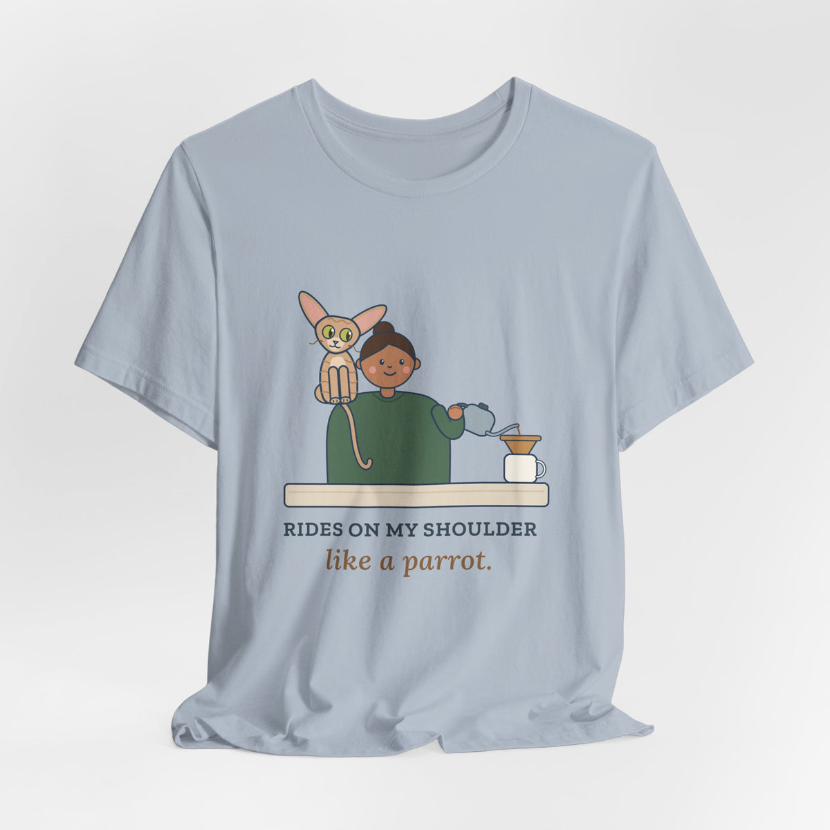 Devon Rex Cat T-Shirt - Rides on My Shoulder Like a Parrot Funny Shoulder Cat Tee