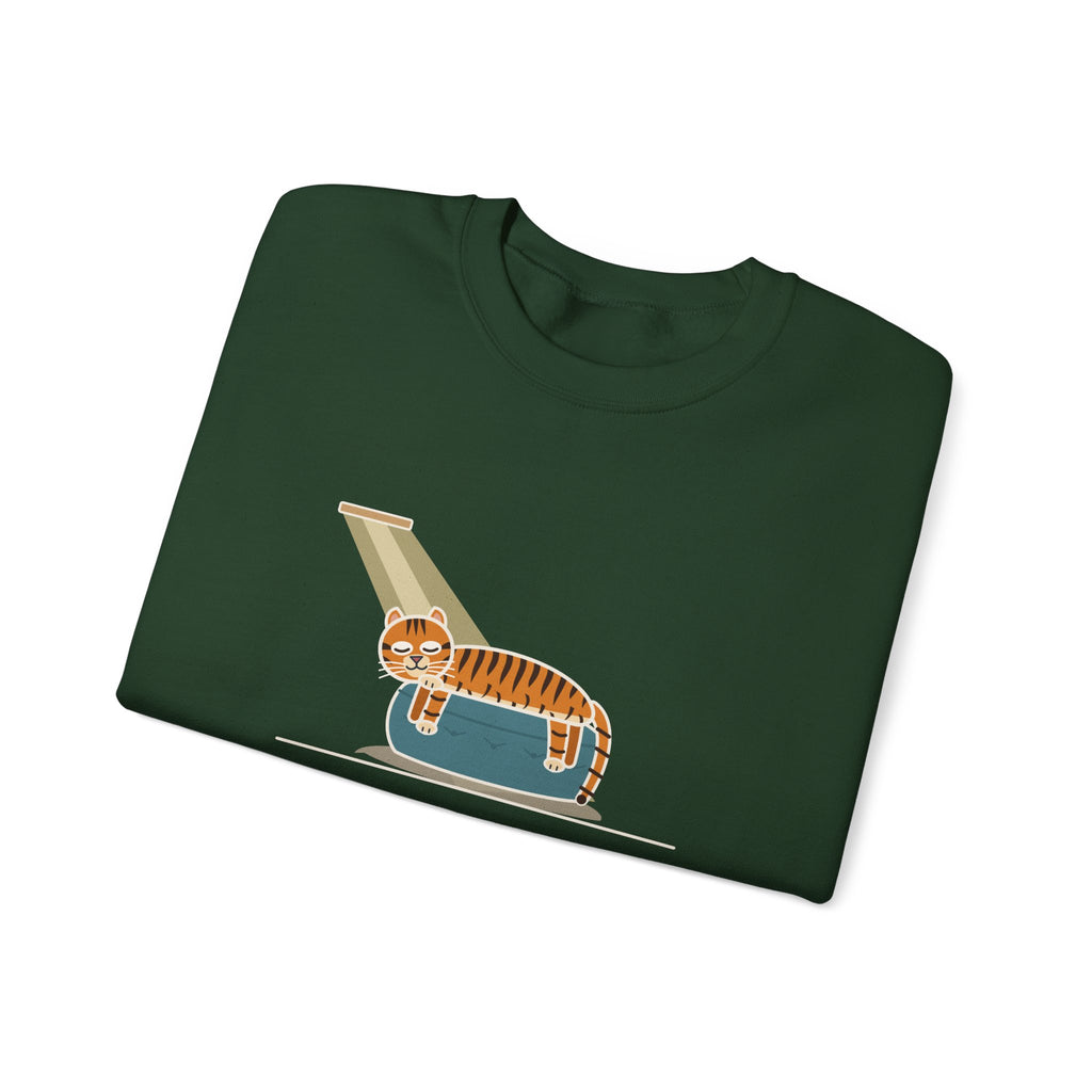 Tiger-Striped Cat Crewneck Sweatshirt - Sprawled on the Ottoman Like a Tiger on a Sun Rock Cat Gift