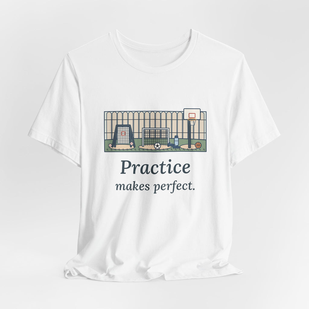 Practice Makes Perfect T-Shirt, Youth Sports Proverb Tee with Backyard Practice