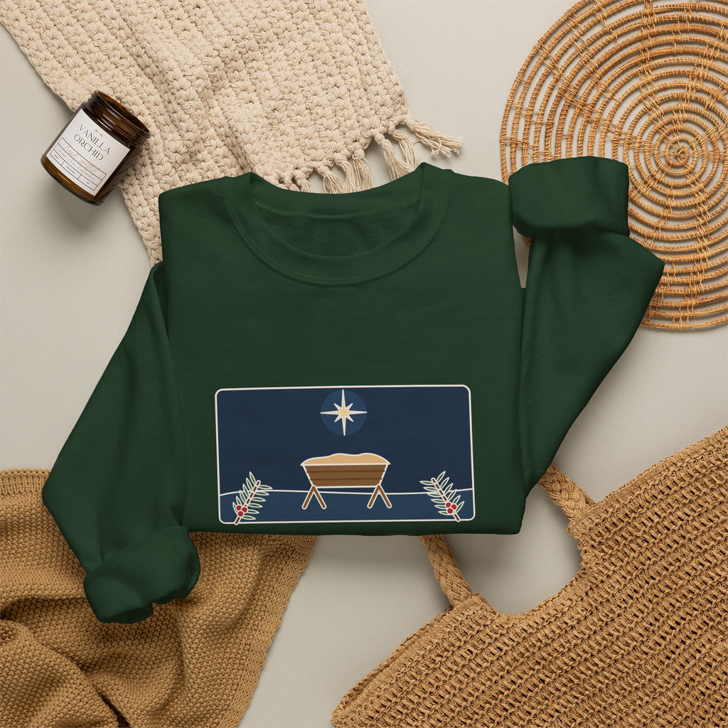 For Unto Us a Child Is Born Sweatshirt, Christmas Isaiah 9:6 Quote Crewneck with Empty Manger Star