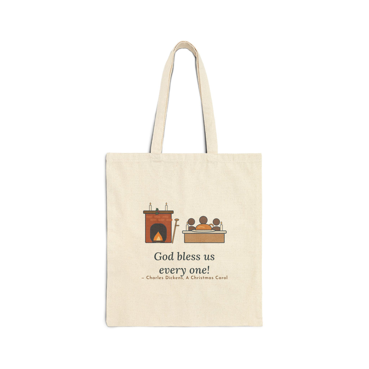 God Bless Us Every One Tote Bag, Christmas Dickens Quote Tote with Hearth and Goose