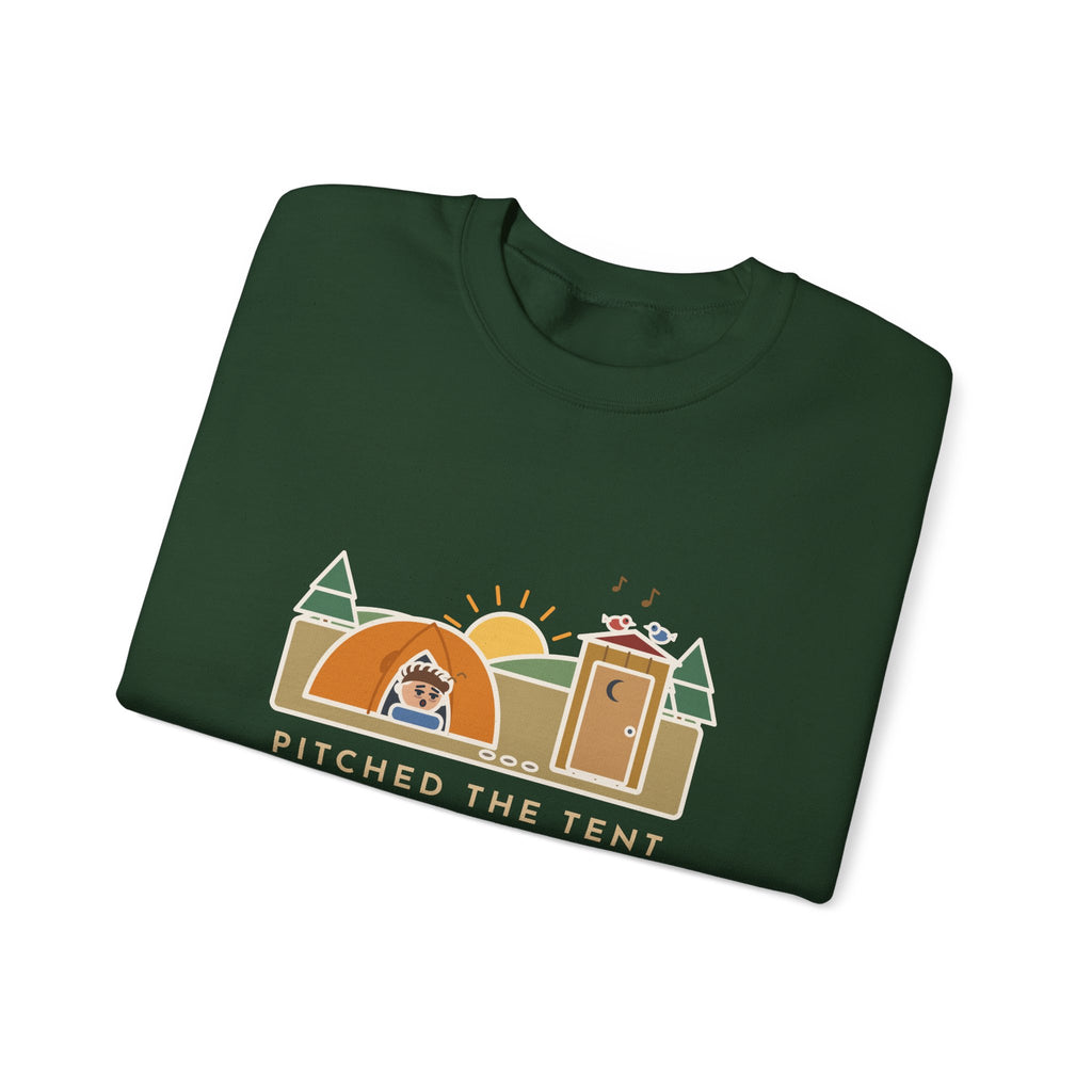 Pitched the Tent in the Dark Sweatshirt, Funny Camping Crewneck with Outhouse View