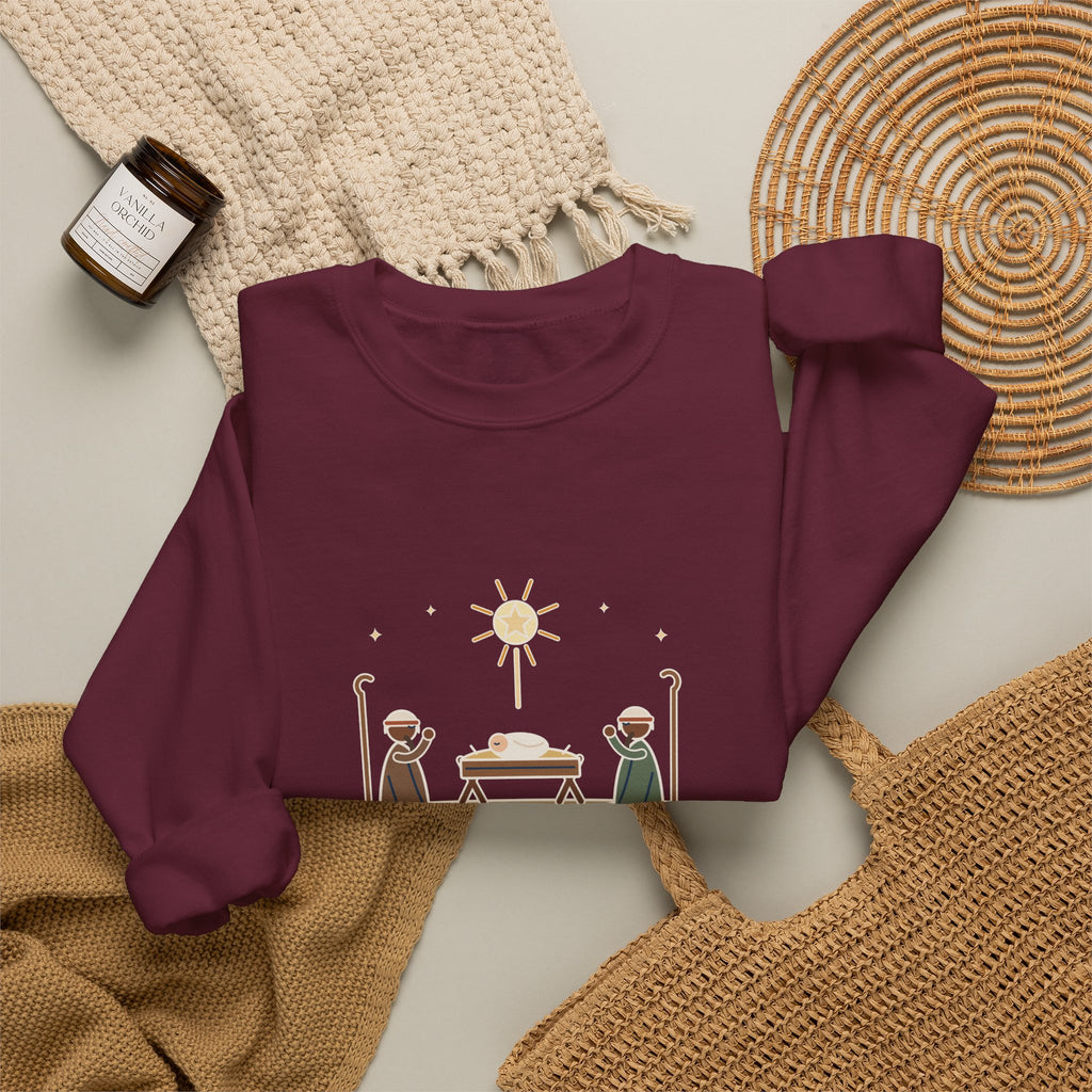 O Come, Let Us Adore him Sweatshirt, Christmas Oakeley Quote Crewneck with Woodcut Manger