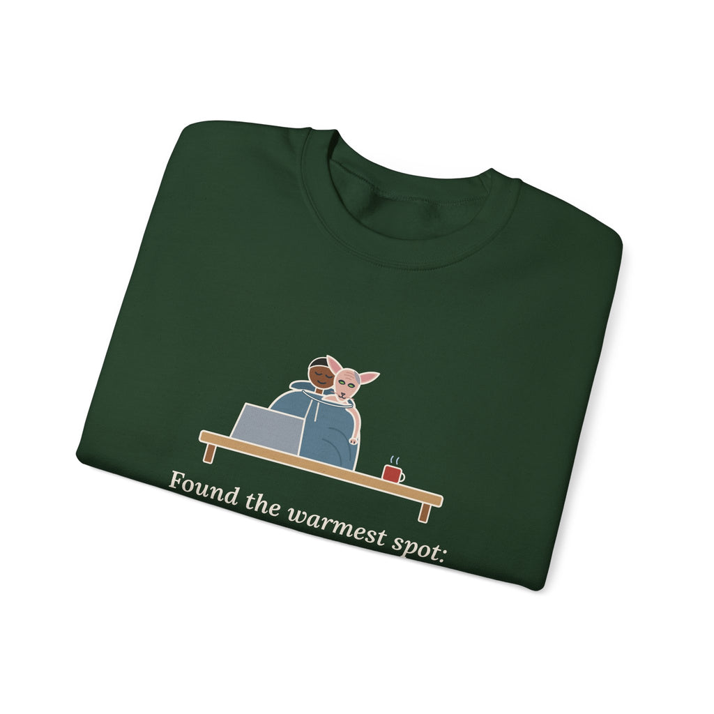 Peterbald Cat Found the Warmest Spot Crewneck Sweatshirt - Funny Hairless Cat Lover Gift