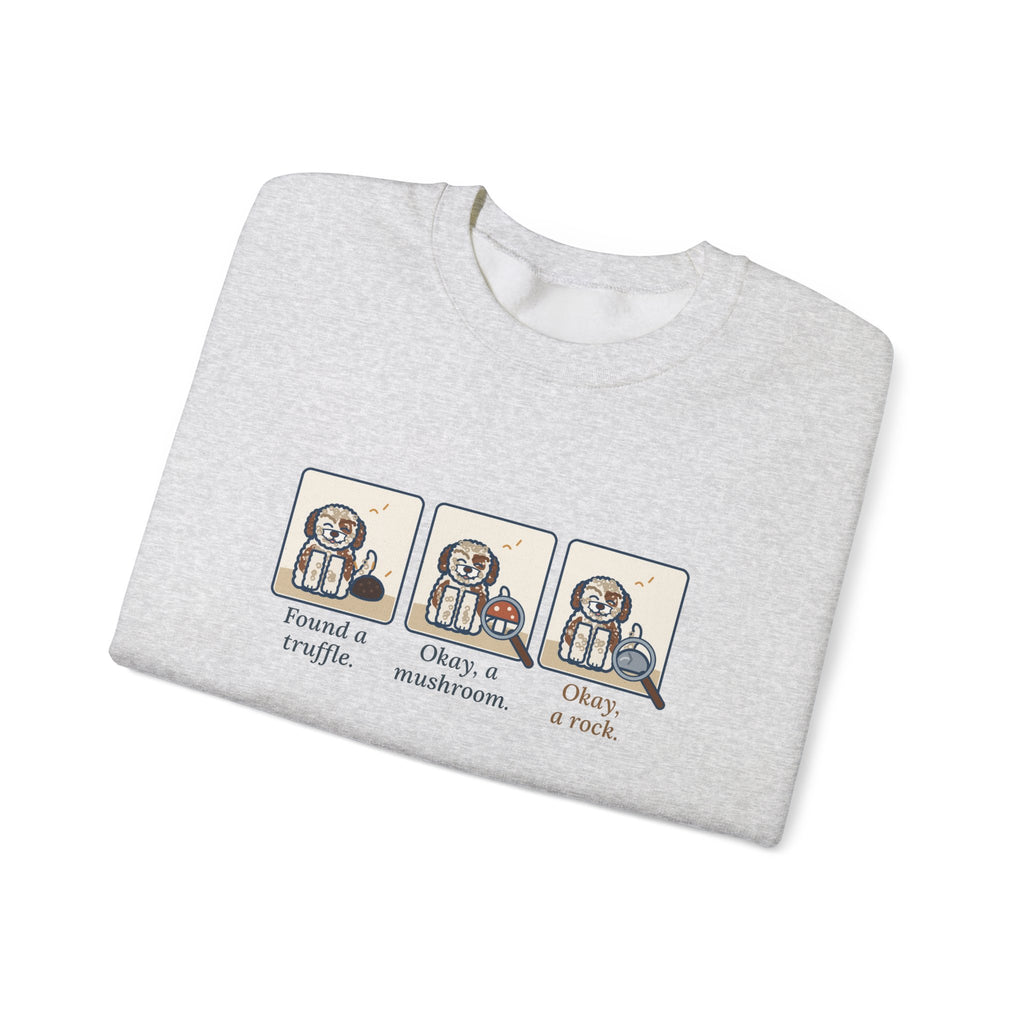 Lagotto Romagnolo Crewneck Sweatshirt - Truffle, Mushroom, Rock Three-Panel Dog Comic