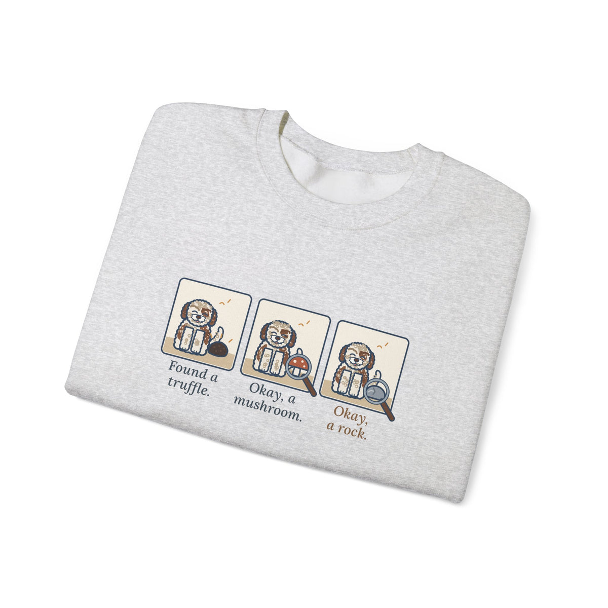 Lagotto Romagnolo Crewneck Sweatshirt - Truffle, Mushroom, Rock Three-Panel Dog Comic