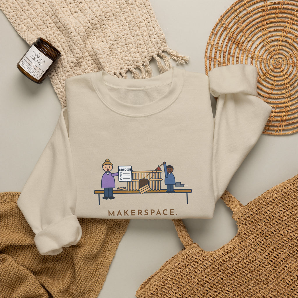 Makerspace Teacher Crewneck Sweatshirt - Craft-Stick Castle With a Working Drawbridge