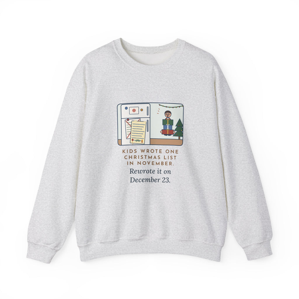 Christmas List Sweatshirt, Kids Wrote One in November, Rewrote It on December 23, Funny Fridge Door Crewneck