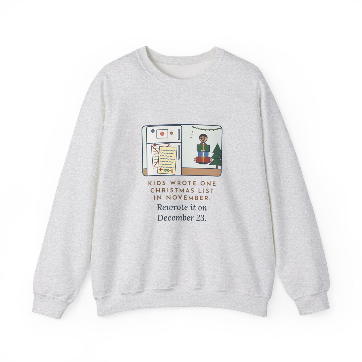Christmas List Sweatshirt, Kids Wrote One in November, Rewrote It on December 23, Funny Fridge Door Crewneck