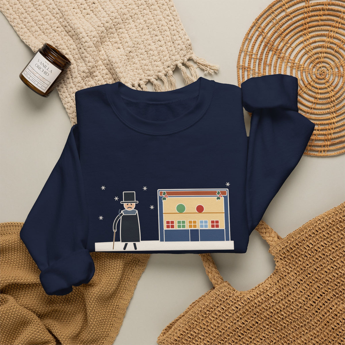 Bah Humbug Sweatshirt, Christmas Dickens Quote Crewneck with Snowy Shop Window