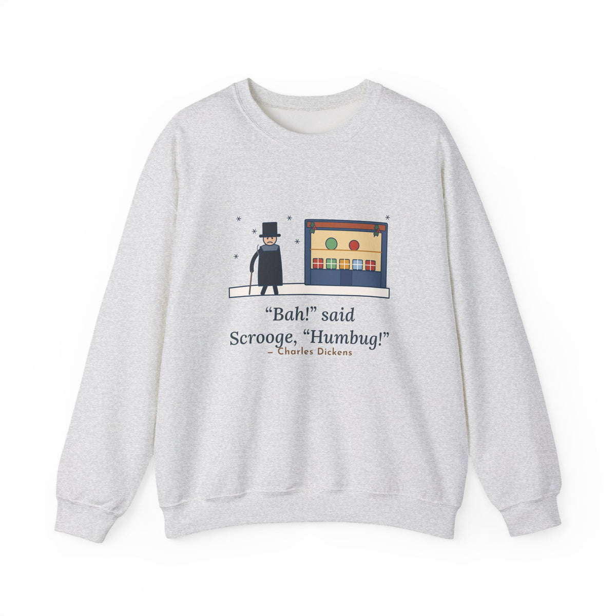 Bah Humbug Sweatshirt, Christmas Dickens Quote Crewneck with Snowy Shop Window