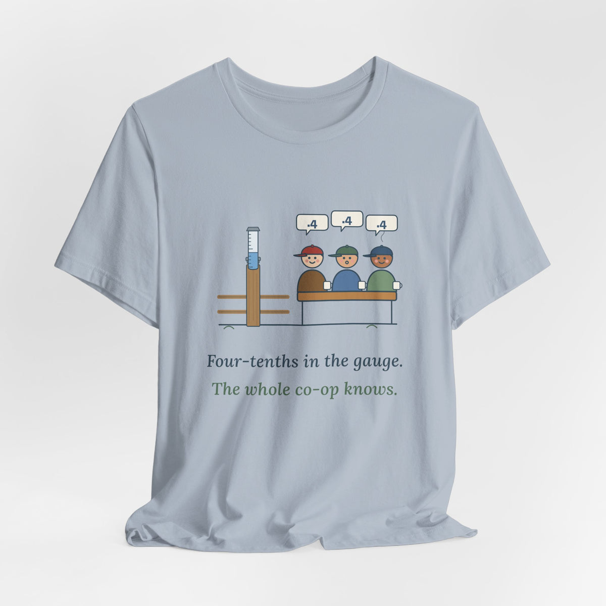 Farmer T-Shirt - Four-Tenths in the Gauge. The Whole Co-op Knows. Rain Gauge Tee