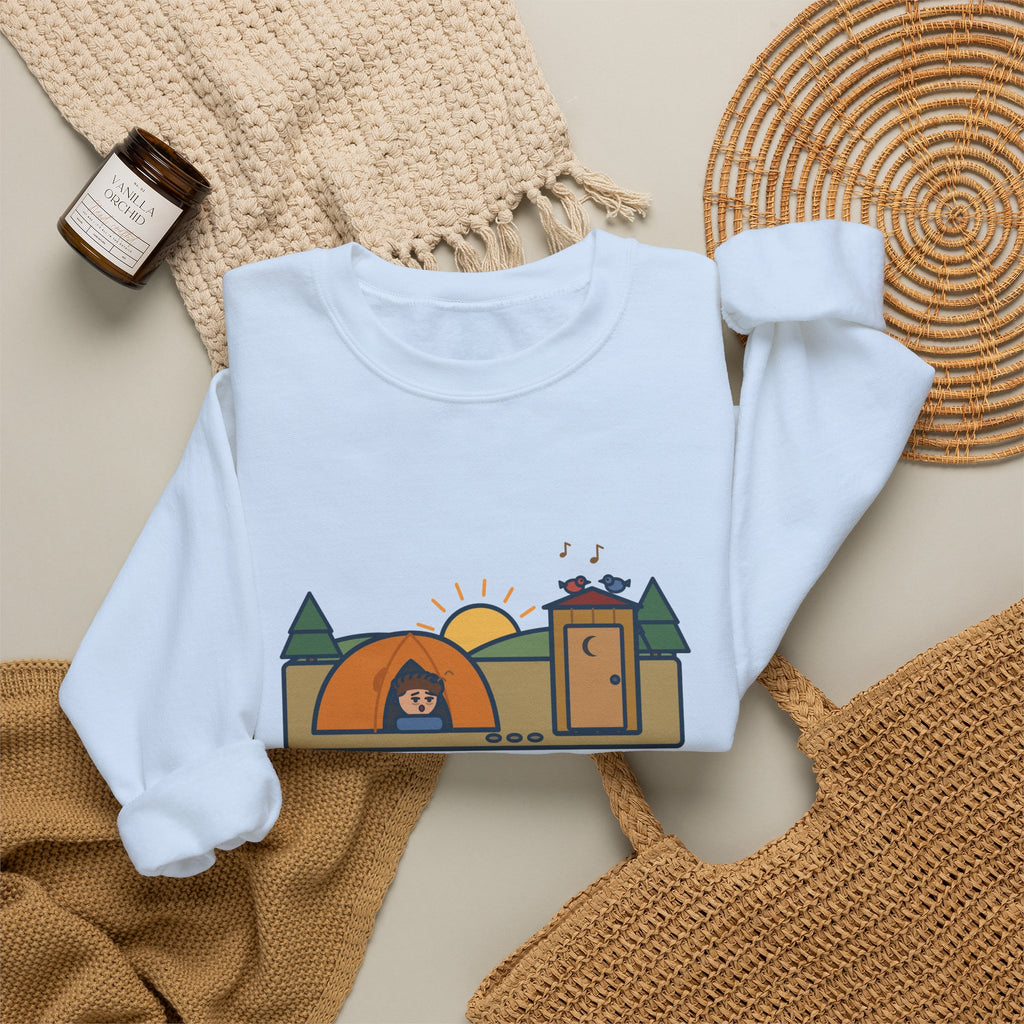 Pitched the Tent in the Dark Sweatshirt, Funny Camping Crewneck with Outhouse View