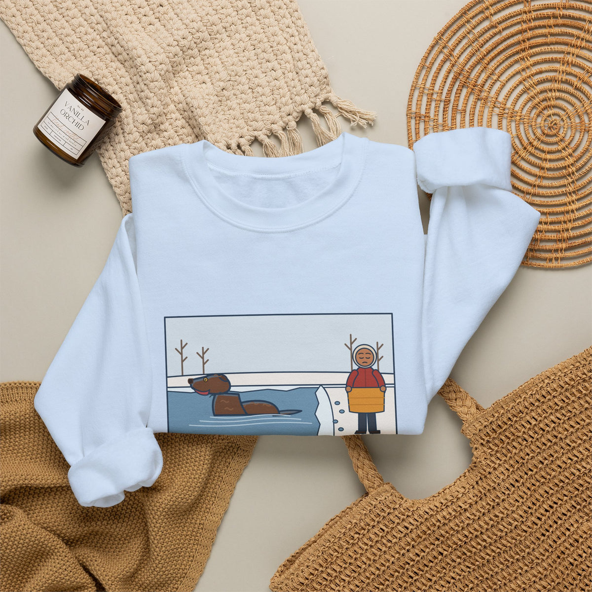 Chesapeake Bay Retriever Sweatshirt, Saw the Lake in January and Went In Anyway, Twice, Funny Winter Lake Crewneck