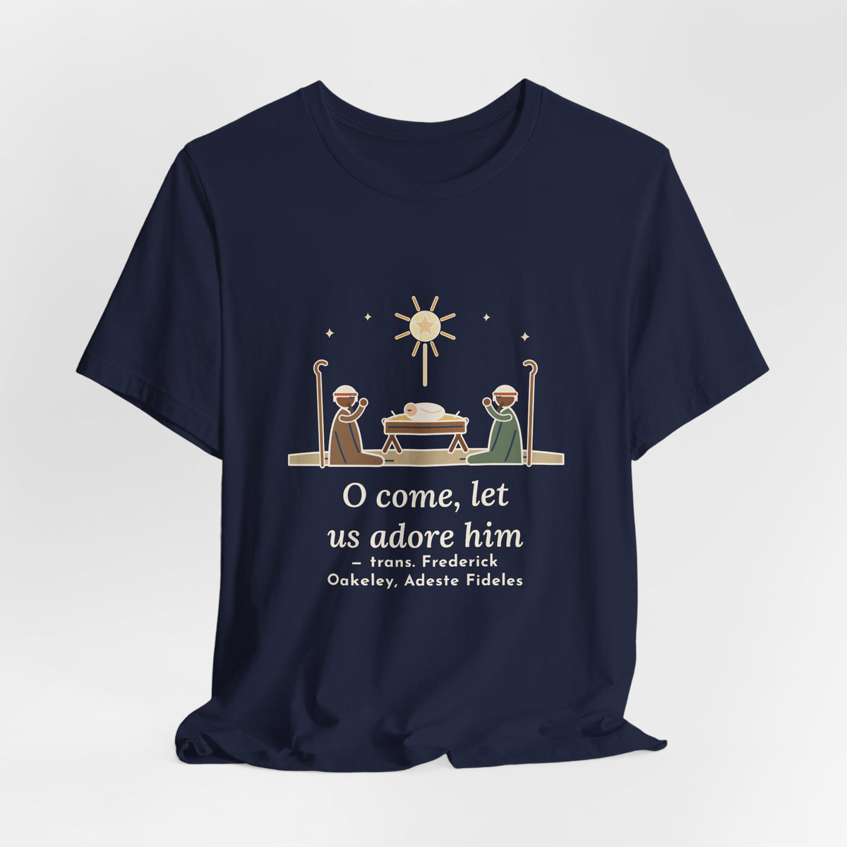Oakeley Quote T-Shirt, O Come, Let Us Adore him, Christmas Woodcut Manger Tee