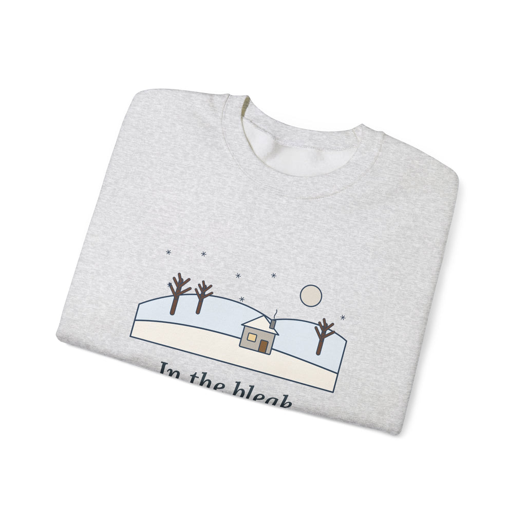 In the Bleak Mid-Winter Sweatshirt, Winter Rossetti Quote Crewneck with Snowy Cottage Hill
