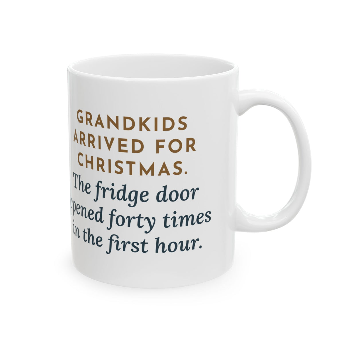 Grandkids at Christmas Mug, Arrived for the Holiday, The Fridge Door Opened Forty Times in the First Hour, Funny Coffee Mug 11oz