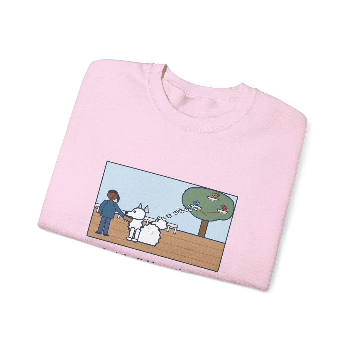 American Eskimo Dog Sweatshirt, Brushed the Eskie on the Porch, The Birds Built Three Nests from It, Funny Porch Brushing Crewneck