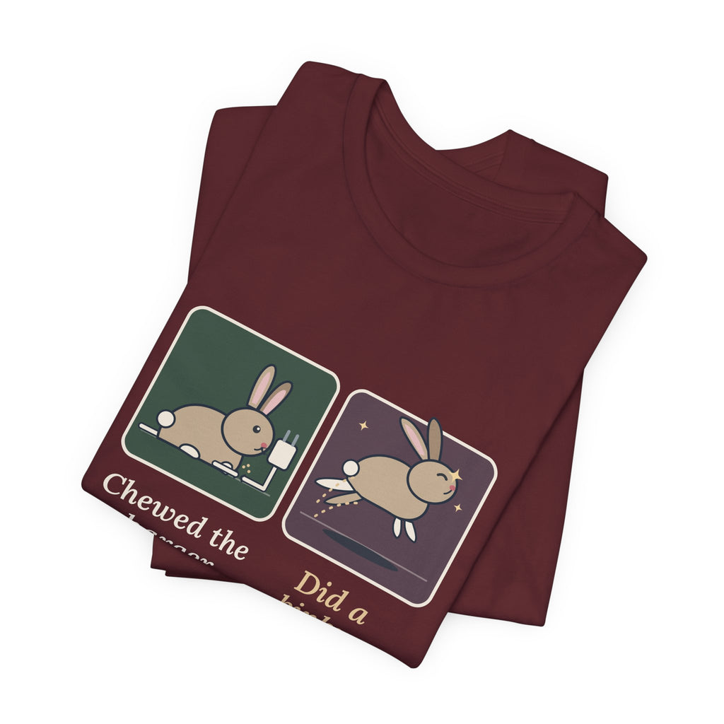 Pet Rabbits T-Shirt - Chewed the Charger. Did a Binky. Funny Bunny Owner Tee