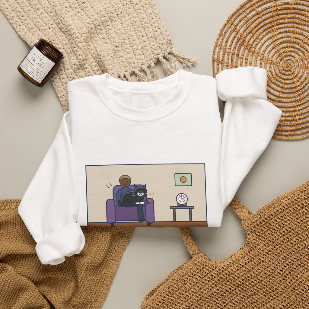 Cat Lap Sweatshirt, His Arm Fell Asleep at Minute Ten, The Cat Stayed Till Minute Sixty, Funny Armchair Hour Crewneck